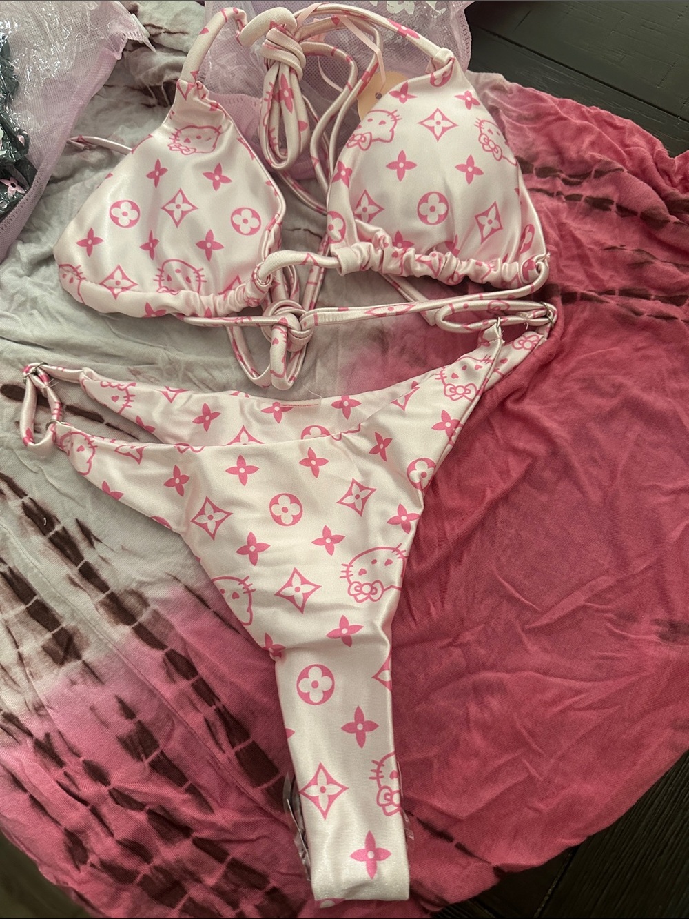 Hello Kitty Pink and White Triangle String Bikini